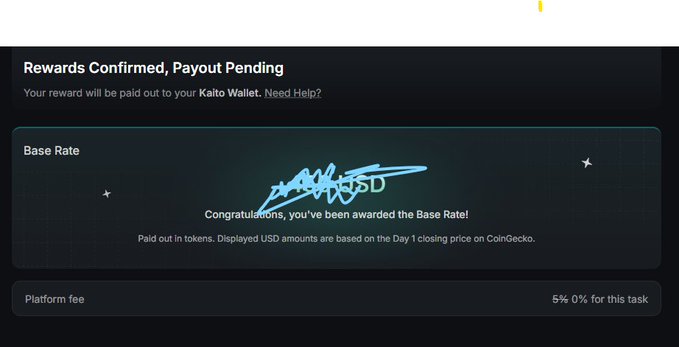 A dark-themed 'Rewards Confirmed, Payout Pending' screen from Kaito Wallet displays 'Congratulations, you've been awarded the Base Rate!' with a platform fee of 5% and a scribbled-out token amount.