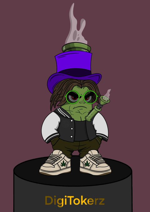 A cartoon character illustration from 'DigiTokerz' featuring a green-skinned figure wearing a purple top hat, round sunglasses, and holding a smoking blunt.