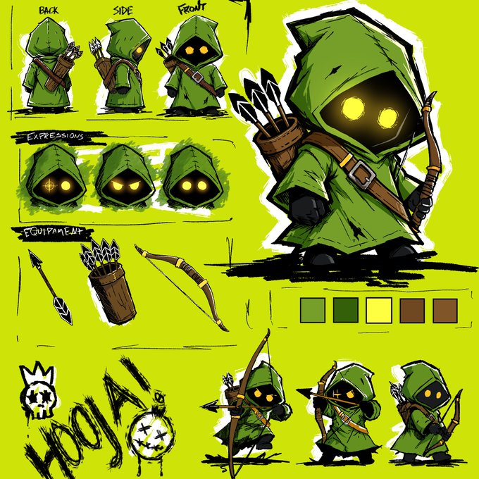 A character design sheet for "Hooja," a hooded archer with glowing yellow eyes and green cloak, featuring multiple angles (BACK, SIDE, FRONT), expression variants, equipment details including bow and arrows, and action poses, with stylized "HOOJA" graffiti lettering. The concept art showcases the hooded rogue character that will serve as the official PFP for the Hooja project launching on Robinhood Chain.
