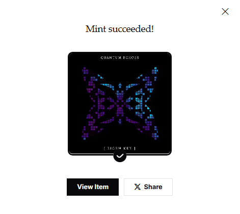 A 'Mint succeeded!' confirmation screen displaying a Quantum Echoes [Secret Key] NFT with a purple and blue butterfly design.