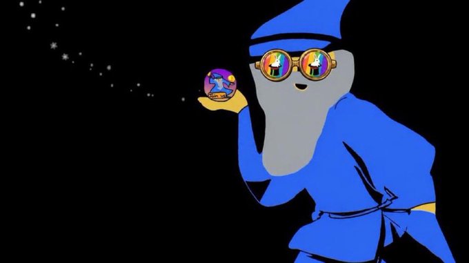 The image features a cartoon character, possibly a wizard or a gnome, wearing blue robes and glasses with a rainbow pattern. The character holds two colorful balls in their hands, one of which has a rainbow design. The background of the image is black, providing contrast for the vibrant colors of the balls and robes. The post that accompanies this image reads: "M A G I C I N T E R N E T M O N E Y $MIM".