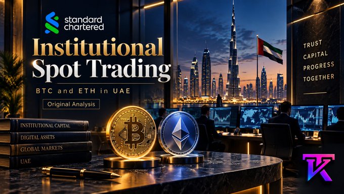A promotional banner for 'Standard Chartered Institutional Spot Trading' of BTC and ETH in the UAE, featuring golden Bitcoin and silver Ethereum coins against a backdrop of the Dubai skyline at dusk.