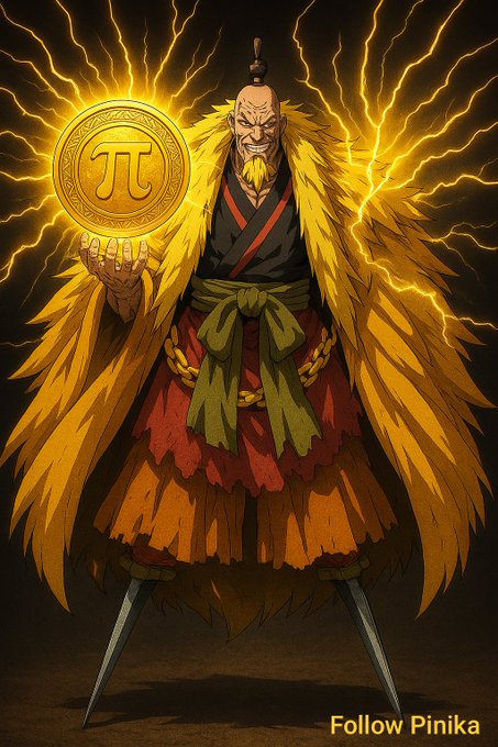 An anime-style illustration depicts a bald, bearded warrior in traditional robes with a large yellow feathered cloak, holding a glowing golden coin marked with the Pi (π) symbol, with text 'Follow Pinika'.