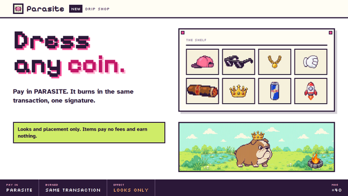 A webpage for 'Parasite DRIP SHOP' titled 'Dress any coin,' explaining 'Pay in PARASITE. It turns in the same transaction, one signature,' with pixel-art items including a cap, chains, necklace, fist, gun, crown, can, and rocket, plus a capybara illustration.