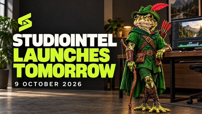 An anthropomorphic frog dressed as Robin Hood stands in a modern studio holding a bow and arrow with a quiver of red-fletched arrows, beside a computer monitor showing video editing software. The image features bold text reading "STUDIOINTEL LAUNCHES TOMORROW" and "9 OCTOBER 2026," promoting the debut of StudioIntel's AI video generator on the Robinhood Chain, where every video creation burns $SI tokens.