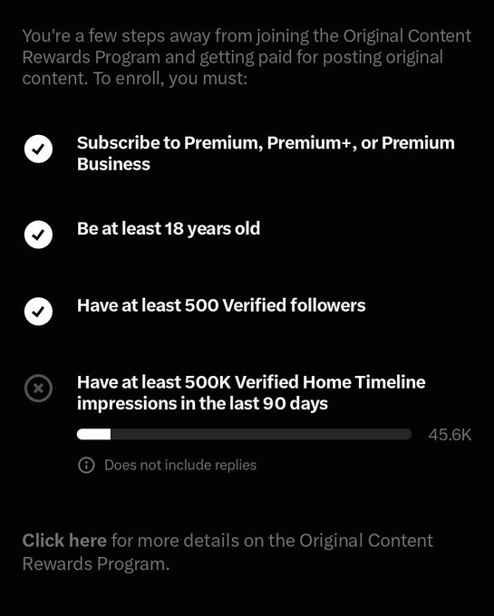 Screenshot of X's Original Content Rewards Program enrollment requirements showing checkmarks for Premium subscription, 18+ age, and 500 followers, with an unmet requirement of 500K impressions (currently at 45.6K) in the last 90 days.