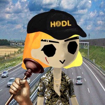 A stylized 3D cartoon character wearing a black 'HODL' cap and a patterned shirt, holding a plunger, set against a background of a highway with passing cars.