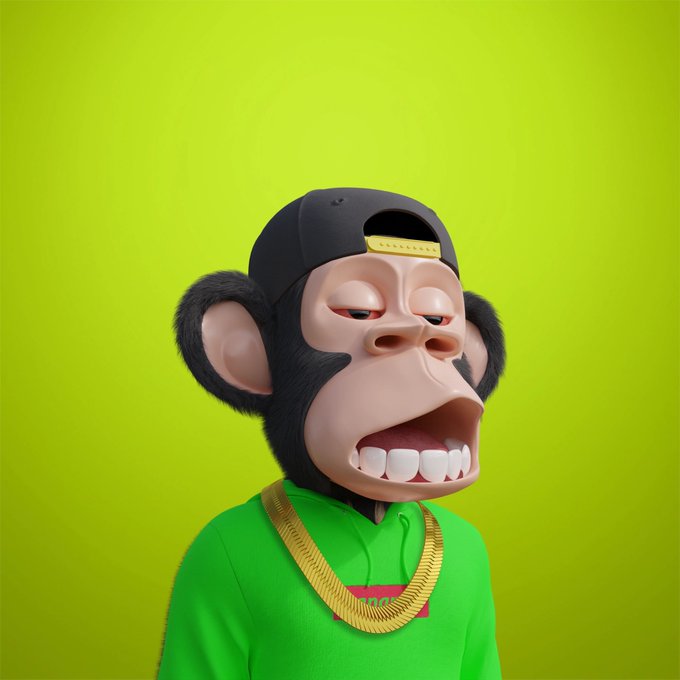 A 3D-rendered illustration of a Bored Ape-style NFT character wearing a backwards black cap, green hoodie, and gold chain against a bright green background.