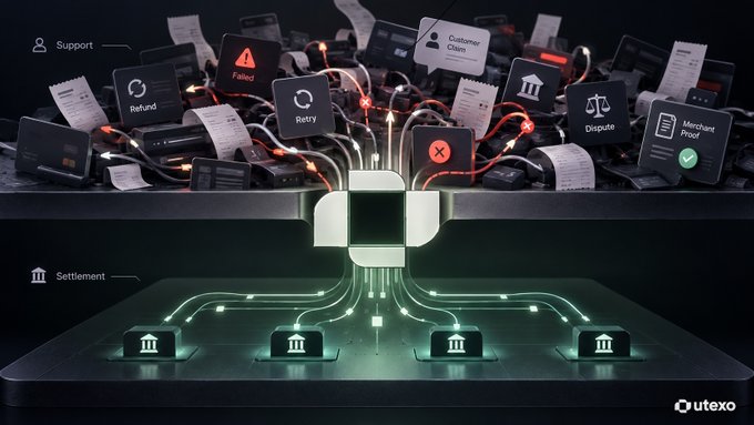 A digital illustration showing tangled red cables connecting to various support and transaction icons (Failed, Refund, Retry, Customer Claim, Dispute, Merchant Proof), flowing through a central hub down to settlement icons, with the 'utexo' logo in the bottom right.