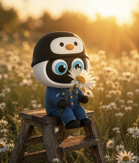An adorable cartoon penguin wearing a denim outfit sits on a wooden stool in a sunlit field of daisies, holding a white daisy flower close to its face.