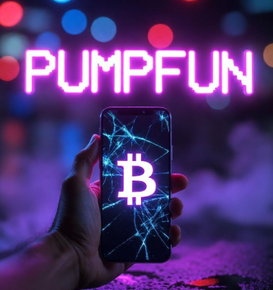 A hand holding a smartphone displaying a glowing Bitcoin logo on a dark screen, with the word 'PUMPFUN' illuminated in bright neon pink letters in the background.