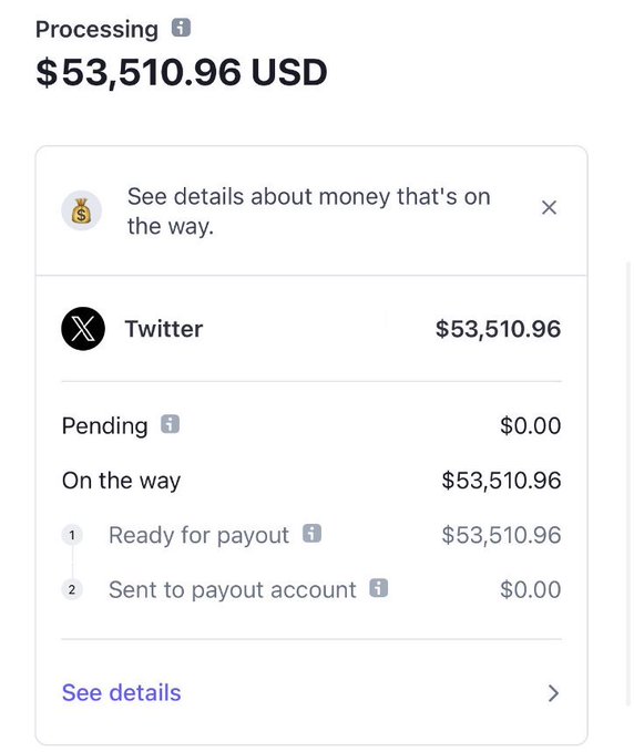A dashboard screenshot shows a Twitter (X) processing payment of $53,510.96 USD, with $53,510.96 ready for payout. The image directly supports the post's claim about earning money for posting content on X.