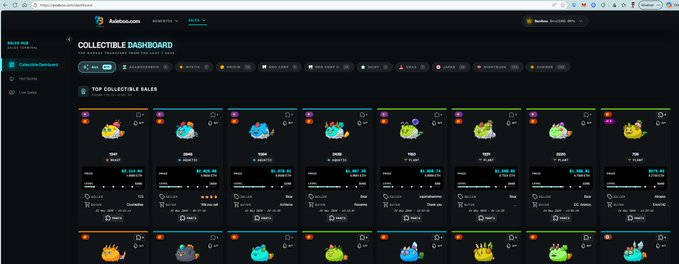 The image shows a computer screen displaying an Axieboo website called "Collector's Bazaar". The website features a collection of items for sale, including various types of animals such as birds, fish, and other creatures. There are also different colored characters or objects displayed on the site. The post about the collector's bazaar has been shared by someone named Axieboo, who is interested in exploring the new tools and collectingibles available on the website.