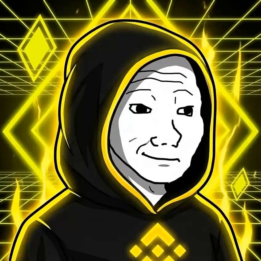 The image features an older man wearing a hoodie with a yellow diamond pattern and a black hood. The background of the image is a vibrant yellow color, which appears to be a neon light or a glowing screen. The man's face has a sad expression as he looks down at his hands. There are also some diamonds in the background that match the yellow color of the hoodie. The caption below the image reads "Binance.US Finally, $WOJAK deposits are open, and trading will officially launch tonight at 10 PM (EDT). From the melancholic bro on 4chan to now being able to deposit and withdraw directly on a mainstream compliant exchange, this step is truly no small feat for the".