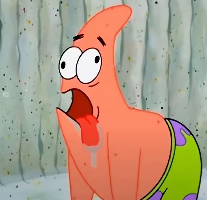 A cartoon image of Patrick Star from SpongeBob with his tongue hanging out, looking dazed against a textured wall background.