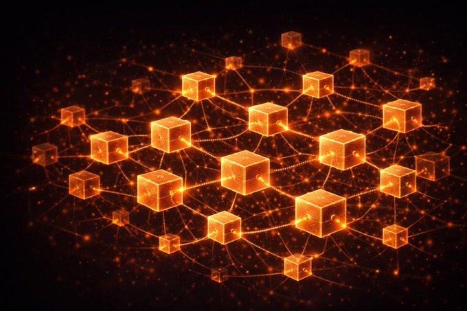 An abstract digital illustration of glowing orange cubes connected by lines and particles against a black background, representing a network or blockchain.