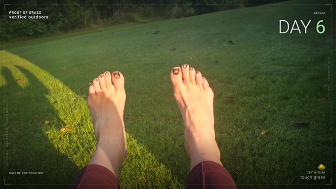 A first-person view shows feet resting on green grass, styled as a humorous "CERTIFIED BY touch grass" certificate with text "PROOF OF GRASS verified outdoors" and "STREAK DAY 6".