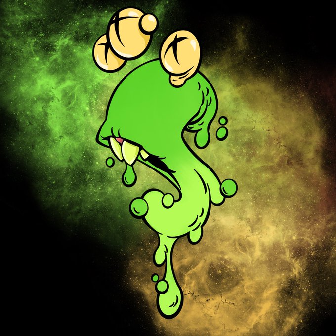 A digital illustration of a cartoonish, melting green blob creature with bulging yellow eyes and fangs, set against a cosmic green and orange nebula background.