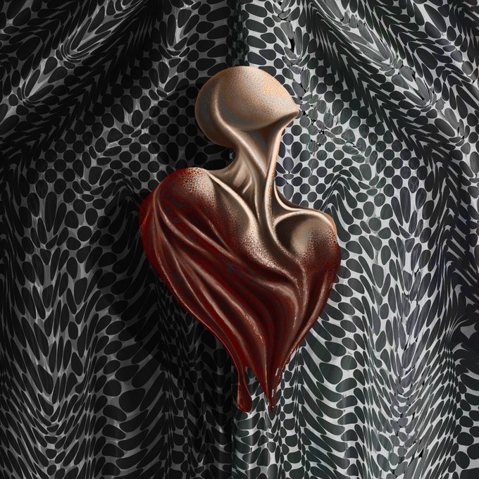 A 3D digital artwork of an anatomical heart merging into a metallic, balloon-like shape against a dark, patterned background.