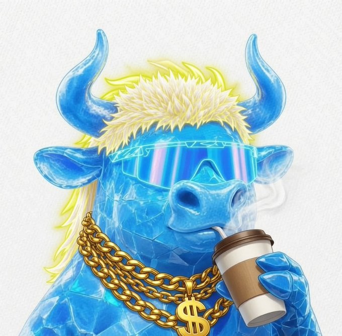 A digital illustration of a stylized blue crystal bull wearing futuristic sunglasses, gold chains with a dollar sign pendant, and holding a steaming coffee cup.