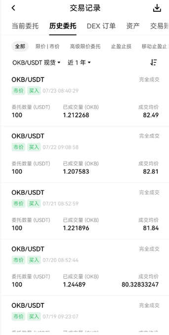 A trading history screen in Chinese showing OKB/USDT spot buy transactions with timestamps, quantities, prices (around 80-82), and the tab '历史委托' (Historical Orders) selected.
