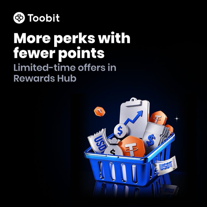 A Toobit promotional graphic with the headline "More perks with fewer points - Limited-time offers in Rewards Hub" features a 3D illustration of a blue shopping basket filled with cryptocurrency coins, dollar signs, and a clipboard showing an upward trend arrow, visually reinforcing the post's message about redeeming trading vouchers and rewards at special rates.