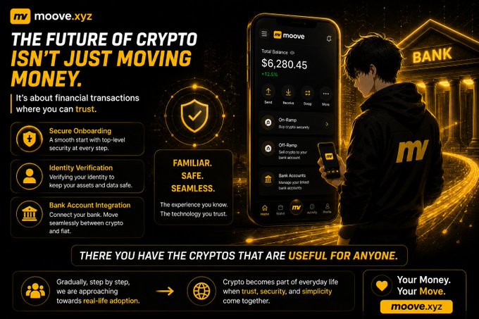 The image presents an advertisement for a crypto platform named "Moove.xyz", emphasizing secure and user-friendly crypto banking with features such as on-ramp and off-ramp services, and bank account integration. The capacity to send and receive digital currency is highlighted, with a significant total balance of $6,280.45 displayed. An illustration depicts a figure interacting with the application, standing in front of a traditional, gold-accented bank building which serves as a juxtaposition between the legacy and new age banking systems. This visual metaphor supports the message conveyed through the slogan and the features displayed in the image. The text "Secure Onboarding, Identity Verification, Bank Account Integration" is accompanied by a subtitle "Familiar. Safe. Seamless." This reinforces the themes of security and simplicity in financial transactions. The slogan at the bottom reinforces the platform's mission to make cryptocurrency a part of everyday life, hinged on the principles of trust, security,