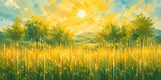 A vibrant watercolor-style illustration of a sunlit meadow with yellow flowers, green trees, and a bright sun in a yellow and blue cloudy sky.