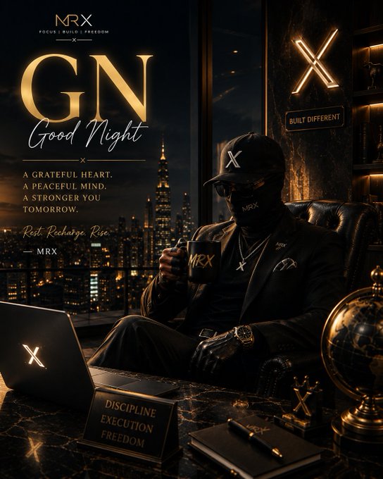 A motivational poster featuring a masked figure with "GN Good Night" text, including phrases like "A GRATEFUL HEART, A PEACEFUL MIND, A STRONGER YOU TOMORROW" and "DISCIPLINE EXECUTION FREEDOM."