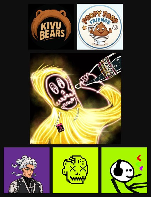 A collage of various NFT or meme art images, including logos for 'KIVU BEARS' and 'POOPY POOP FRIENDS', a neon-style skeleton figure, and several other cartoonish character artworks.