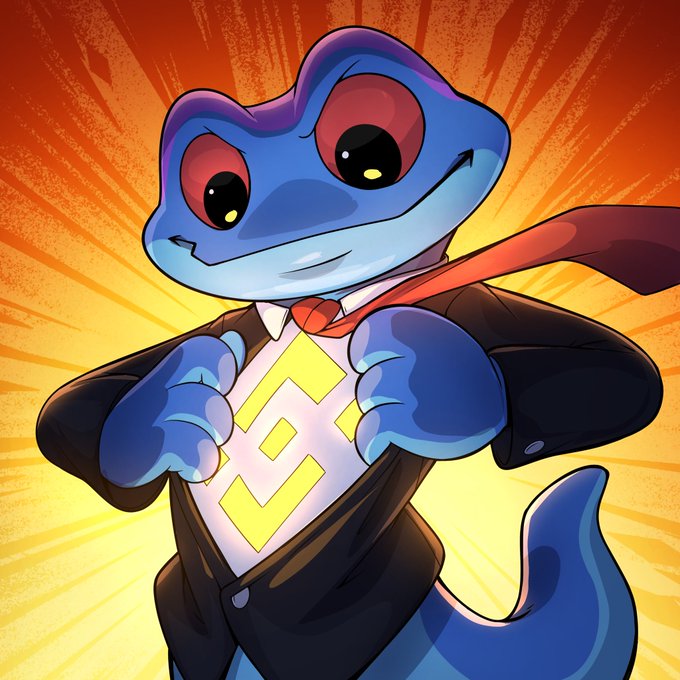 The image features a cartoon frog wearing a suit, tie, and jacket with a red tie around its neck. The frog appears to be smiling and holding up a sign that says "snek" along with some text. The background of the image is orange, which complements the overall color scheme of the cartoon frog's outfit.