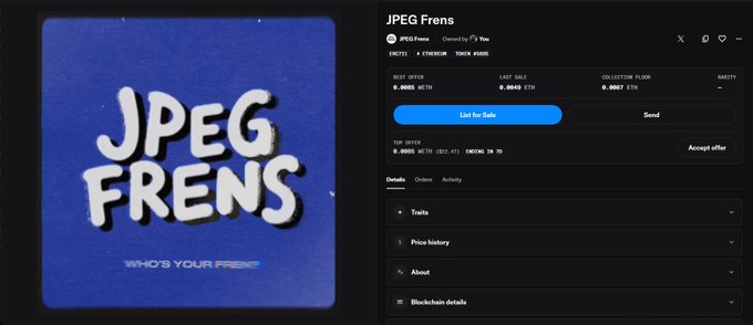 A cryptocurrency token page for 'JPEG Frens' on a trading platform, displaying the logo 'JPEG FRENS WHO'S YOUR FRENS' on a blue background with a market cap of '6.0807 ETH'.