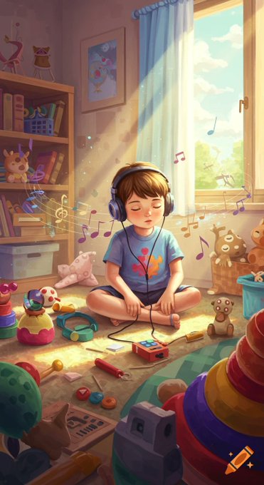 The image features a young boy sitting cross-legged with headphones on his ears while playing with toys. The scene takes place in a room filled with various toys, including teddy bears scattered around him. The boy appears to be listening to music or engaging with an electronic device through the headphones. The image also includes text that reads "gNoon Everyone @wallchain has completely changed how users view participation, rewarding consistency, meaningful contributions, and genuine support across the ecosystem rather than just chasing hype". This suggests a connection between the boy's actions in the image and the concept of gNoon, which is an online platform focused on fostering genuine connections and rewarding consistent engagement.