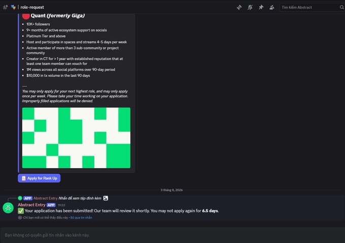 A Discord role-request interface with a green QR code application for the 'Quant (formerly Giga)' role, listing requirements like 10K+ followers and a 1M-volume in 90 days.