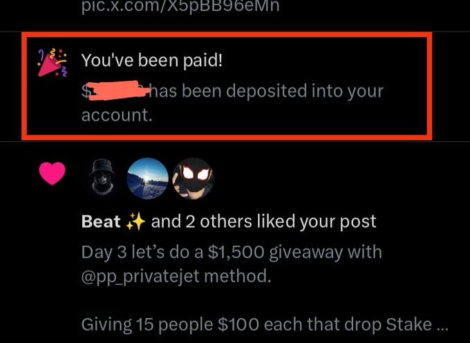 The image shows a social media notification (circled in red) confirming "You've been paid!" with a redacted dollar amount deposited into an account, which aligns with the post's invitation for users to guess an X-Payout amount between $100 and $500 for a chance to win 30% of the payment.