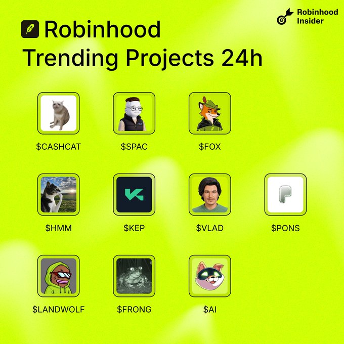 A bright green infographic titled 'Robinhood Trending Projects 24h' by Robinhood Insider, featuring meme coin tickers with avatars including $CASHCAT, $SPAC, $FOX, $HMM, $KEP, $VLAD, $PONS, $LANDWOLF, $FRONG, and $AI.