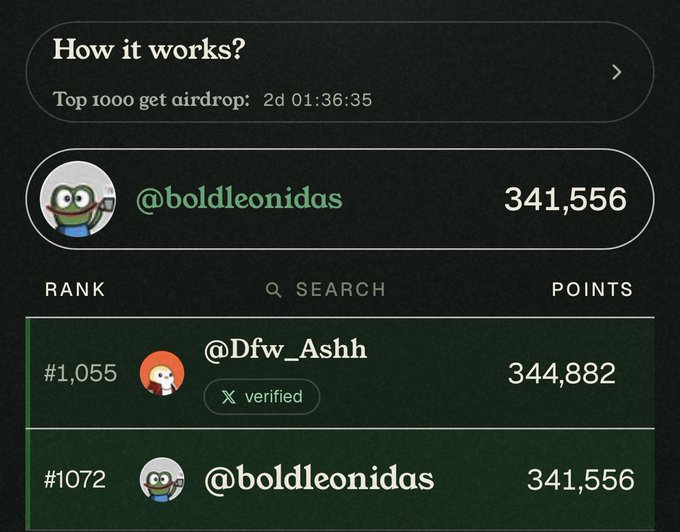 A screenshot of a leaderboard showing ranks #1055 (@Dfw_Ashh with 344,882 points) and #1072 (@boldleonidas with 341,556 points), noting 'Top 1000 get airdrop: 2d 01:36:35'.