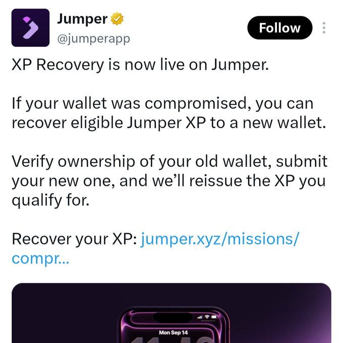 A tweet from the verified @jumperapp account announces "XP Recovery is now live on Jumper," offering a process for users to recover eligible Jumper XP from compromised wallets by verifying ownership of their old wallet and submitting a new one, with a link to jumper.xyz/missions/compr... The accompanying post questions why XP recovery was suddenly introduced now, despite the team previously stating Jumper will never have a token and XP being live for months.