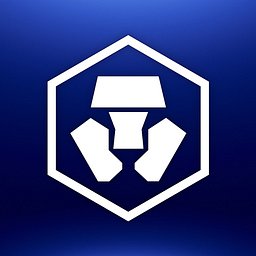 The Crypto.com logo, featuring a white geometric design inside a hexagon on a dark blue background.