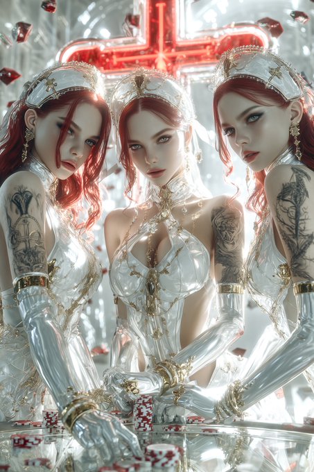 The image features a group of three women with red hair wearing white dresses and gold gloves. They are gathered around a table filled with red and gold poker chips, suggesting they might be playing a game or participating in some sort of social event. The background includes a cross and a neon sign, which could indicate that the scene takes place in an establishment or themed event.