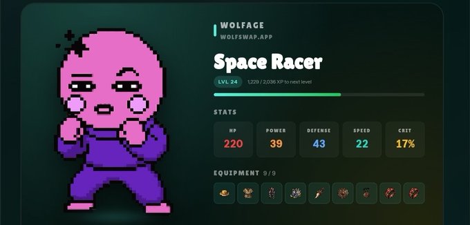 The image features a cartoon character, possibly a pink monster or a pink robot, standing against a green background with a white border. The character appears to be wearing a purple outfit and has a serious expression on its face. In the top left corner of the image, there is text that reads "Wolfface", which could potentially be a name for the character in the game. Below this, there are descriptions of the character's abilities and statistics such as health points, power, speed, and defense. The bottom right corner of the image contains a link to the @wolfswapdotapp website, suggesting that the character is part of an online gaming community or a virtual world where players can interact with each other using the @wolfswapdotapp platform.