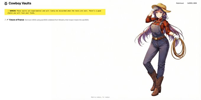 A web interface titled "Cowboy Vaults" displays a warning that vaults are experimental, alongside an anime-style character wearing a cowboy hat, red plaid shirt, and overalls, with text mentioning "Future of France" borrowing USDS using spUSDS collateral.