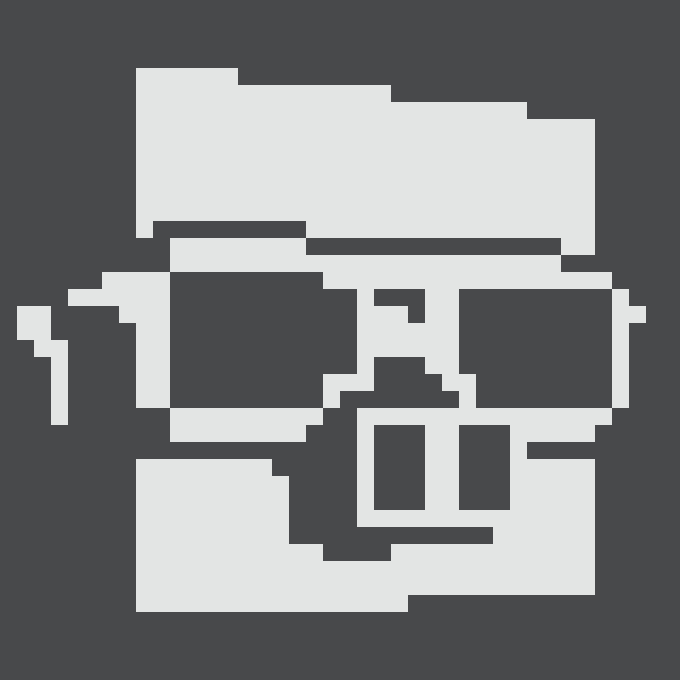 A minimalist pixel-art style image showing a gray and light gray abstract face or skull design on a dark gray background.