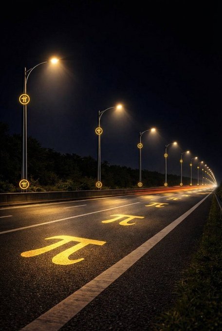 A long-exposure night photograph showing a curved road with golden Pi (π) symbols painted on the asphalt, illuminated by a row of streetlights.