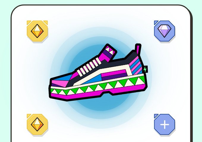 A colorful digital illustration of a sneaker displayed within a light blue circular frame, surrounded by hexagonal icons containing gems and a plus sign.