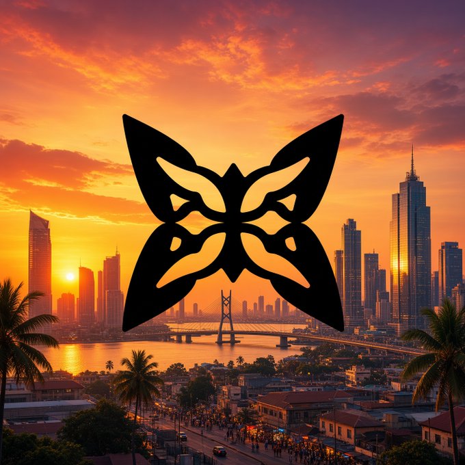 A black symmetrical butterfly or moth silhouette logo overlaid on a vibrant sunset cityscape featuring skyscrapers, a bridge over water, and palm trees in the foreground.
