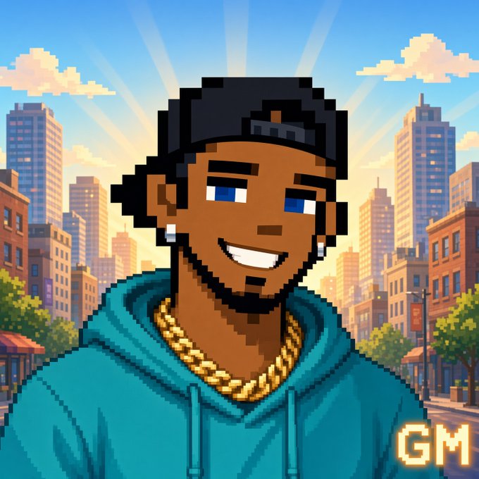 A pixel art illustration of a smiling man wearing a black cap, gold chain, and teal hoodie, with 'GM' in the corner against a cityscape background.