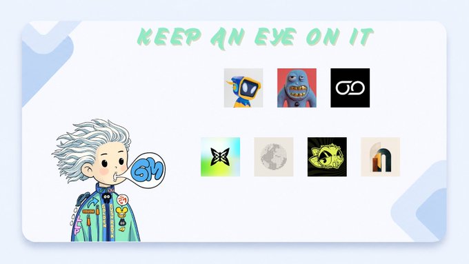 The image features a cartoon character with white hair, wearing a blue jacket, standing against a white background. The character appears to be thinking or pondering something. Below the character, there are several small images of different objects such as a globe, an eye, and various other items. The text in the image reads "Keep an eye on it".