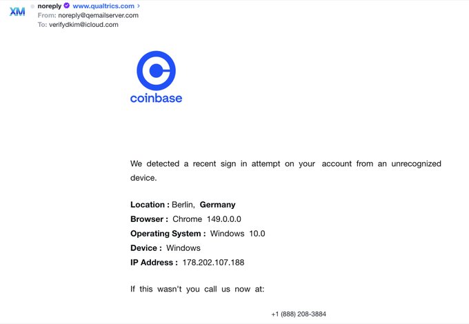A phishing email disguised as a Coinbase security alert claims a sign-in attempt from Berlin, Germany (IP 178.202.107.188) on Chrome 149.0.0.0 / Windows 10, urging the recipient to call +1 (888) 208-3884. The scam uses a spoofed sender ("noreply@qualtrics.com") and generic scare tactics to trick users into contacting fraudsters.
