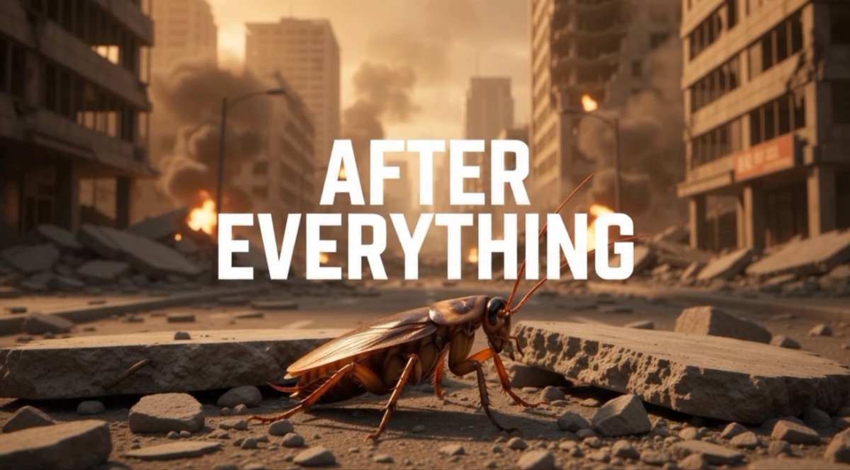A post-apocalyptic cityscape with rubble and smoke, featuring a large cockroach in the foreground and the bold white text 'AFTER EVERYTHING' overlaid.